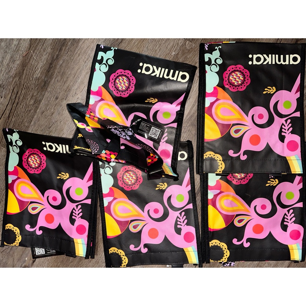 Amika Reusable Shopping Tote Bags Bundle 5 Pack Black‎ Floral Paisley Print hair